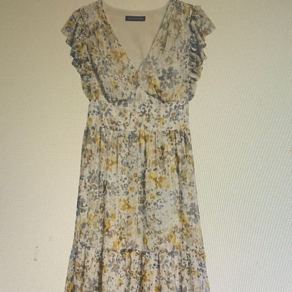 Floral V-Neck Ruffled Midi Dress in Cream and Yellow